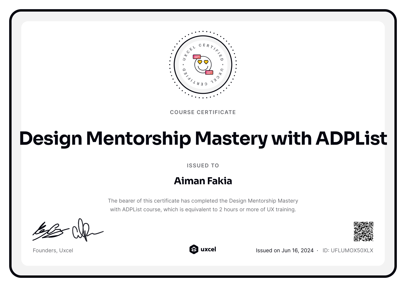 Aiman Fakia's certificate